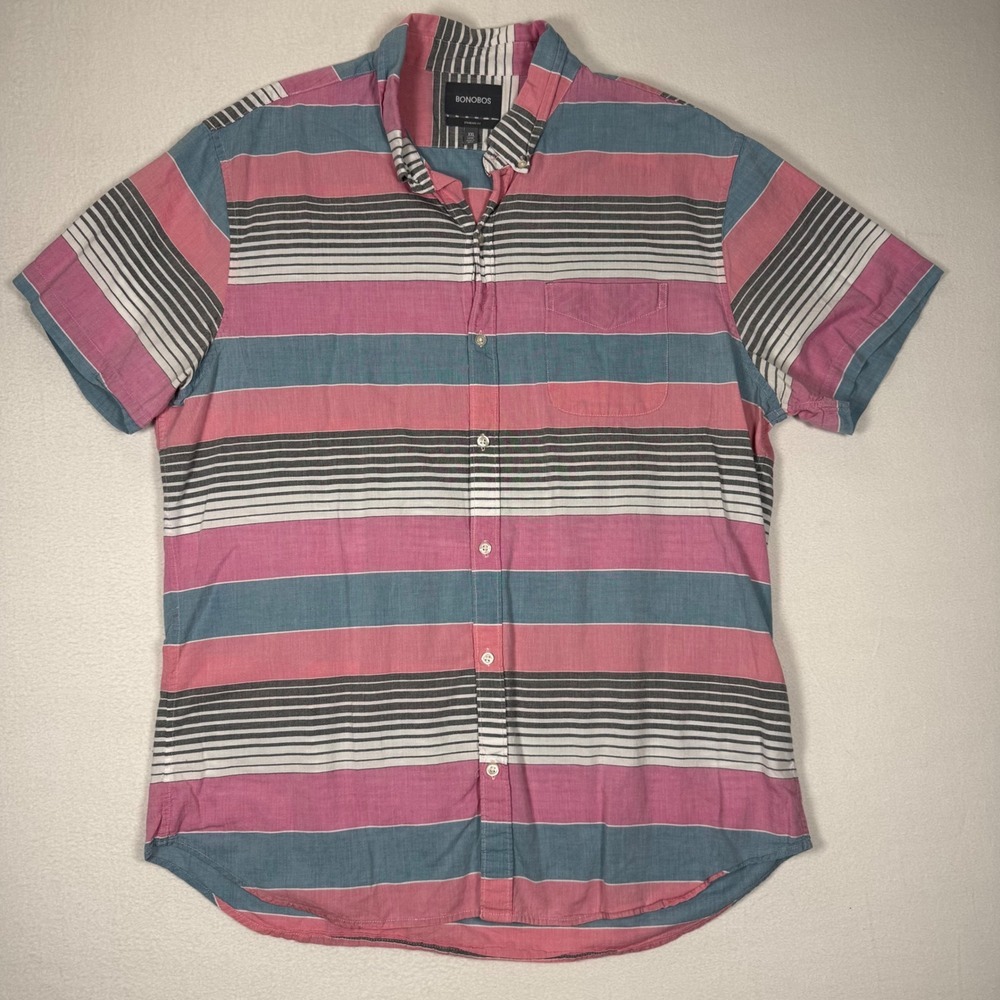 Bonobos Mens XXL Long Standard Fit Short Sleeve Button Down Striped Cotton pink